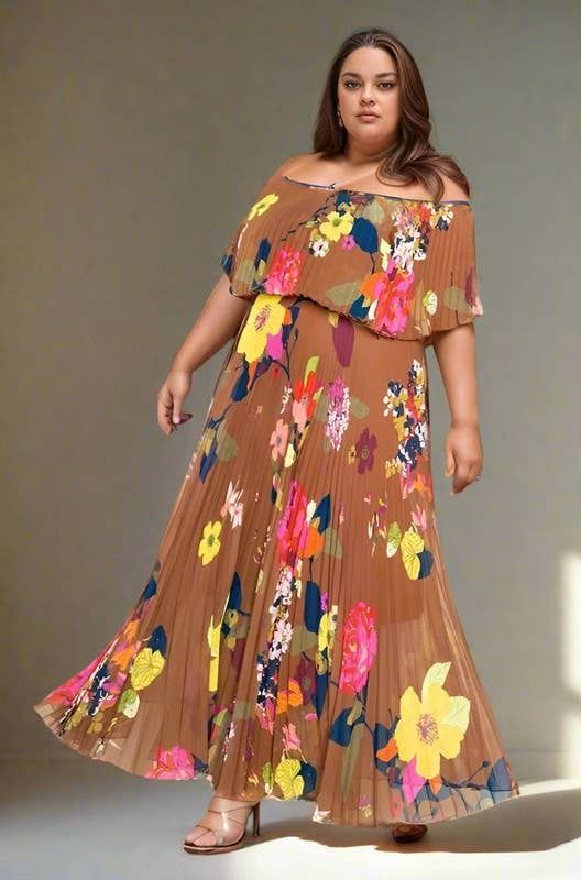 FLOWER OFF SHOULDER PLEATED MAXI DRESS: