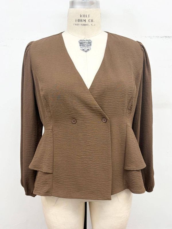 Plus Size Airflow Double Ruffle Peplum Blouse: DK MOCHA / 1X