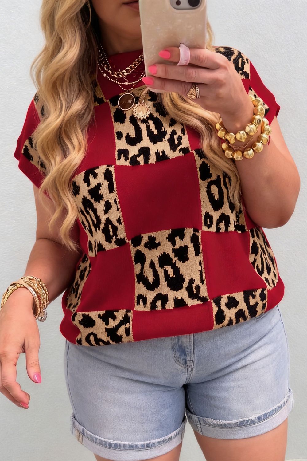Red Plus Size Leopard Contrasted Checkered Short Sleeve Sweater, Size: 1X