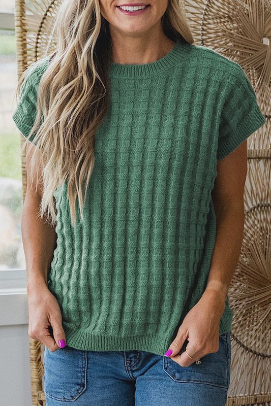 Mist Green Plus Size Solid Color Textured Knit Short Sleeve Sweater