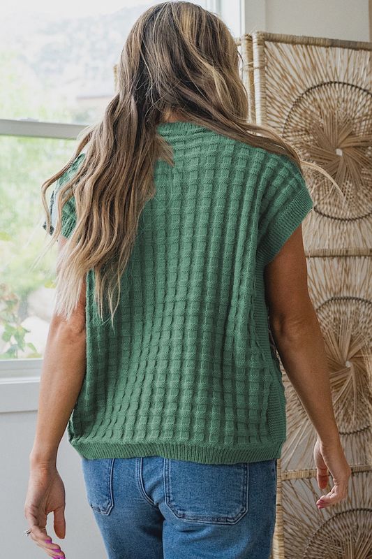 Mist Green Plus Size Solid Color Textured Knit Short Sleeve Sweater