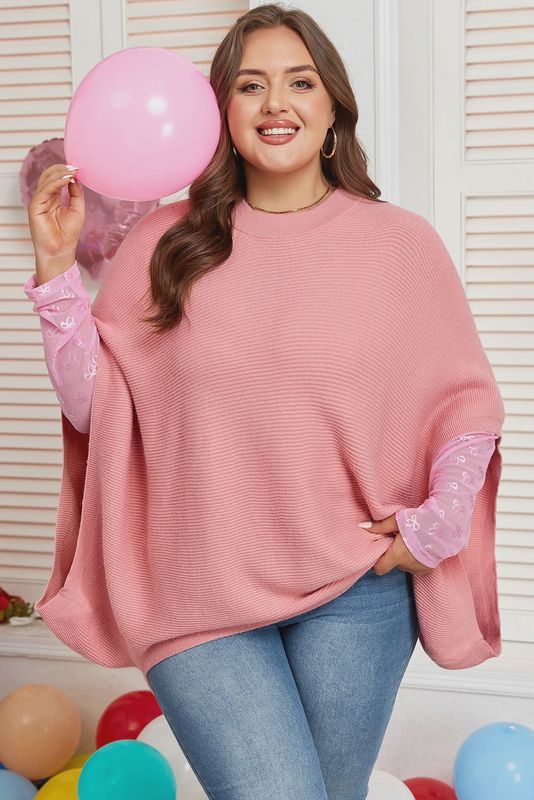 Light Pink Ribbed Knit Half Sleeve Plus Size Poncho Style Sweater