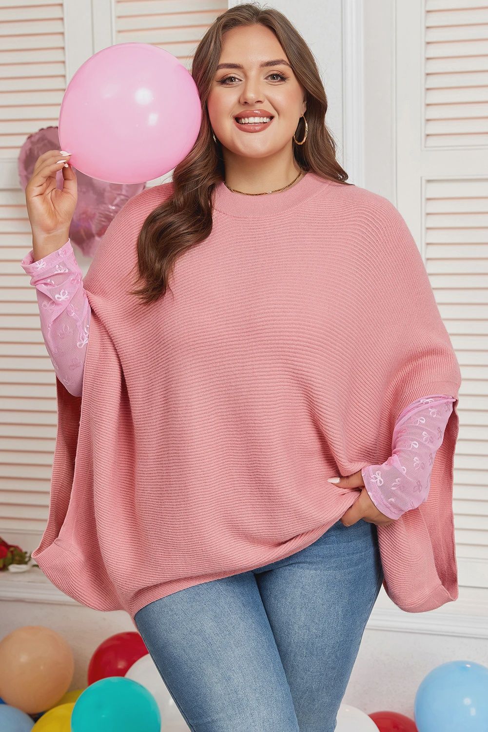 Light Pink Ribbed Knit Half Sleeve Plus Size Poncho Style Sweater, Size: 1x