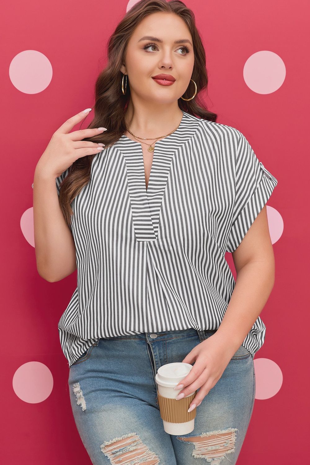 Black Stripe Plus Size V Neck Roll-tab Short Dolman Sleeve Blouse, Size: 1X