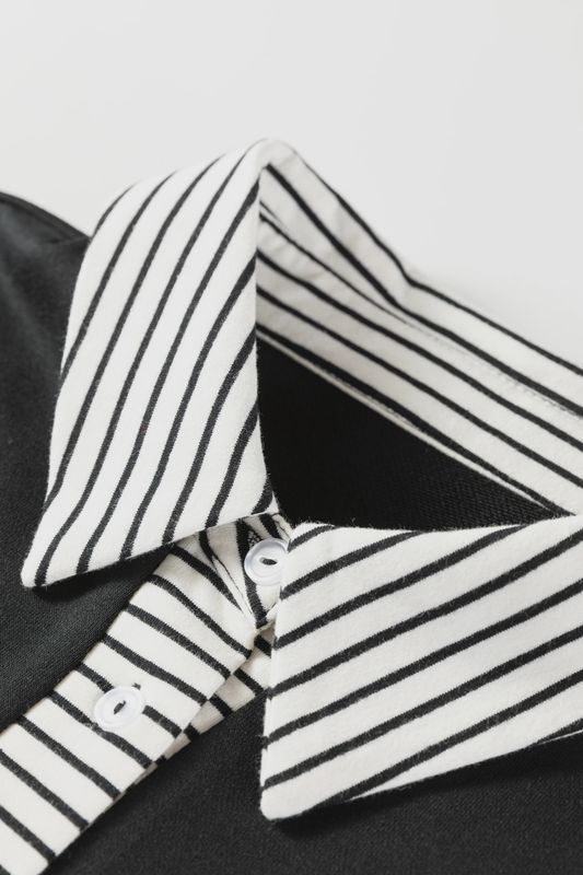 Black Plus Size Striped Cuffs Polo Collar Patchwork Long Sleeve Ruffle Hem Dress