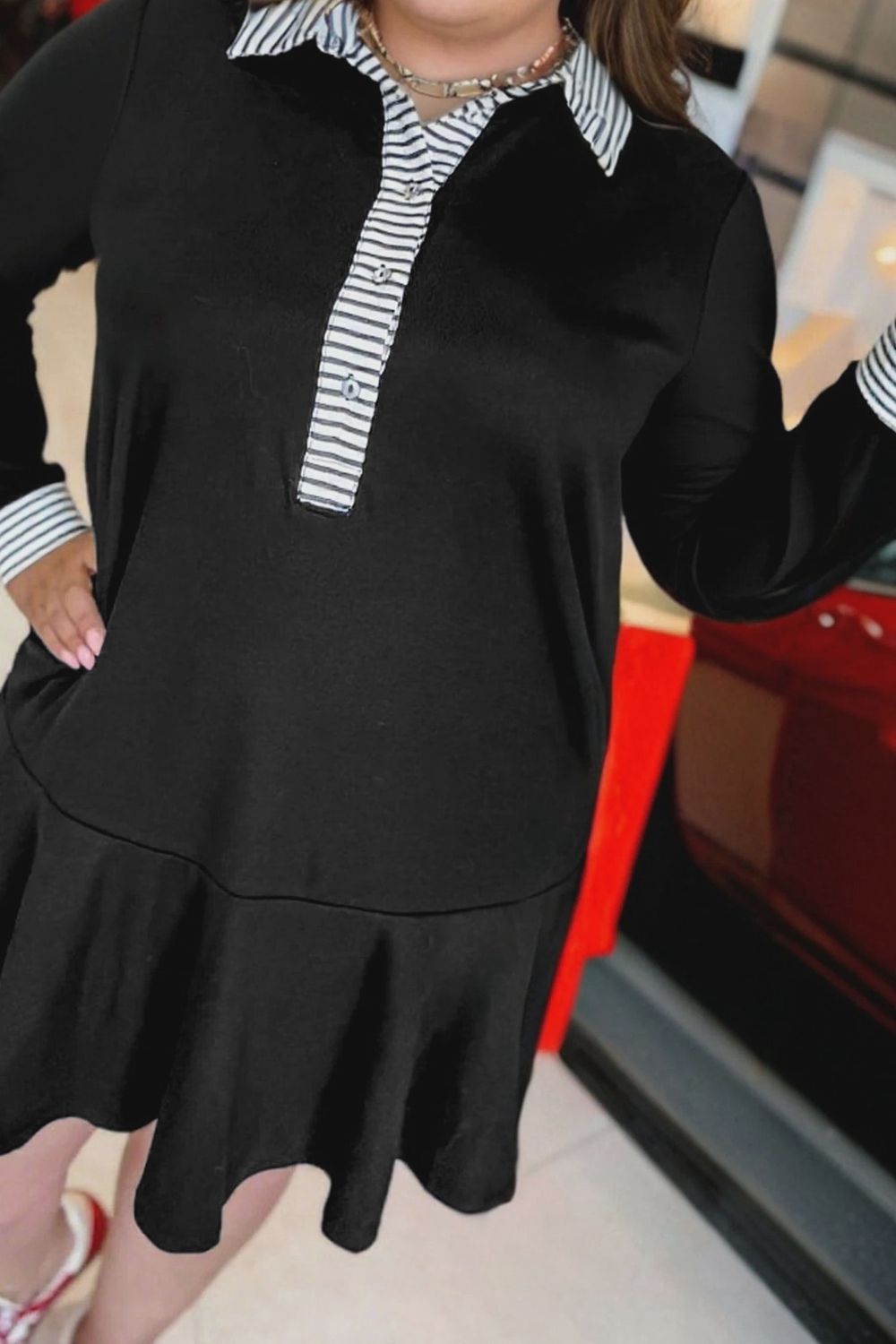 Black Plus Size Striped Cuffs Polo Collar Patchwork Long Sleeve Ruffle Hem Dress, Size: 1x