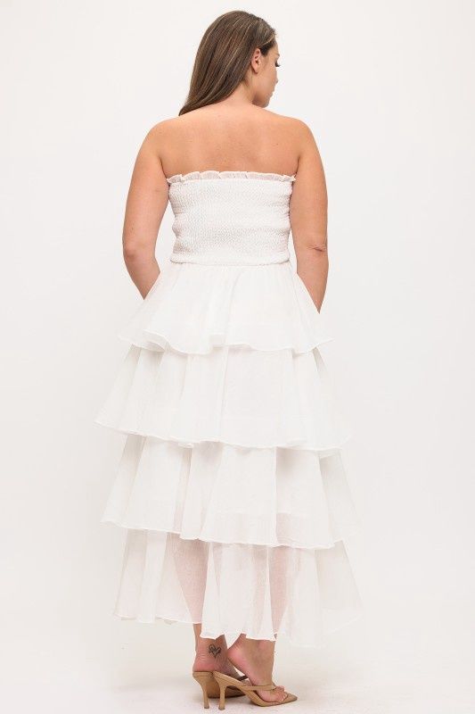 Strapless Smoked Bodice Tiered Ruffle Maxi Dress