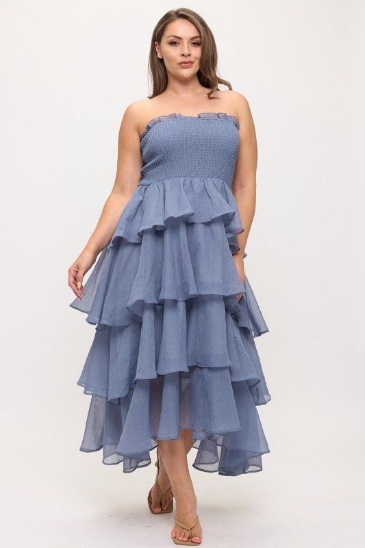 Strapless Smoked Bodice Tiered Ruffle Maxi Dress, Color: BLUE, Size: 1X