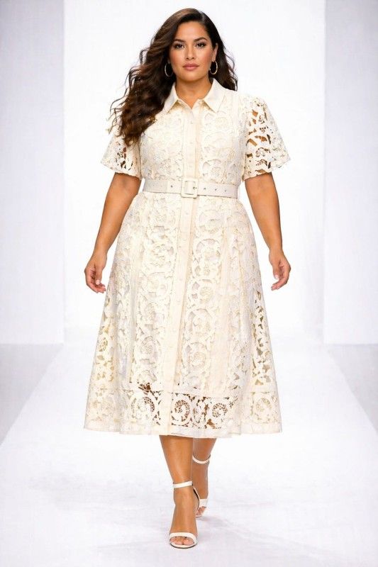 EVELYN GUIPURE LACE BELTED MIDI SHIRT DRESS, Size: XL