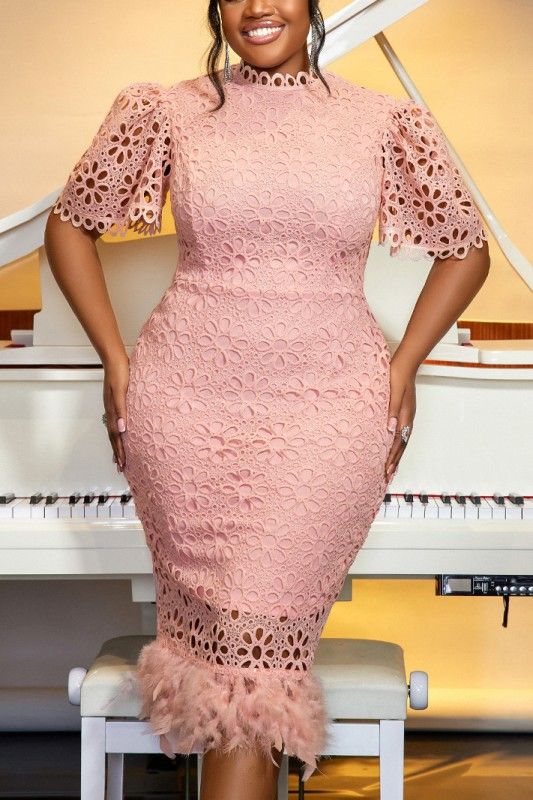 PINK LACE PUFF SLEEVE DRESS, Size: 1X