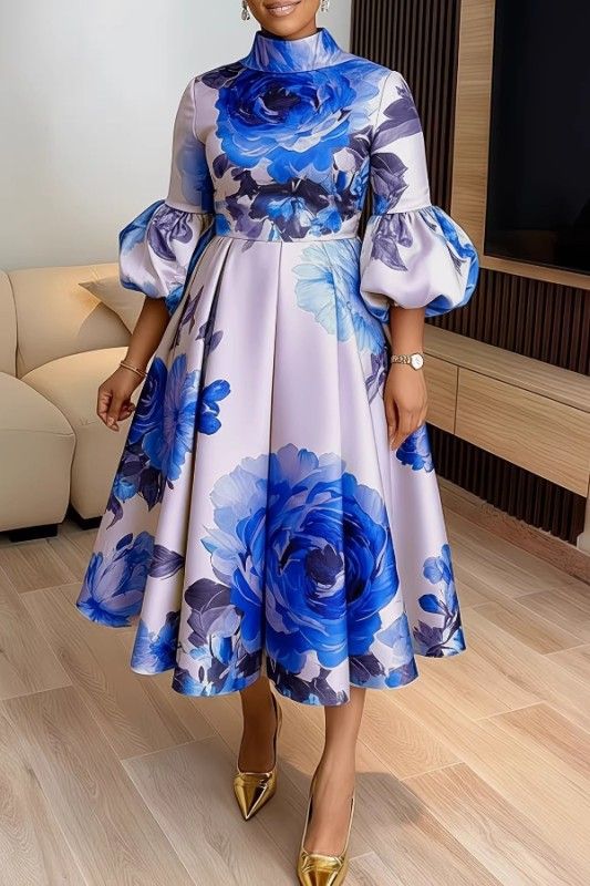 RETRO HIGH NECK PUFF SLEEVE FLORAL DRESS