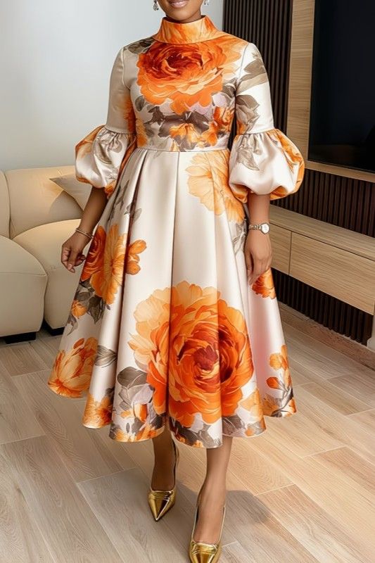 RETRO HIGH NECK PUFF SLEEVE FLORAL DRESS