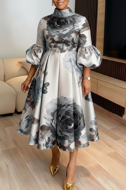 RETRO HIGH NECK PUFF SLEEVE FLORAL DRESS, Color: Black