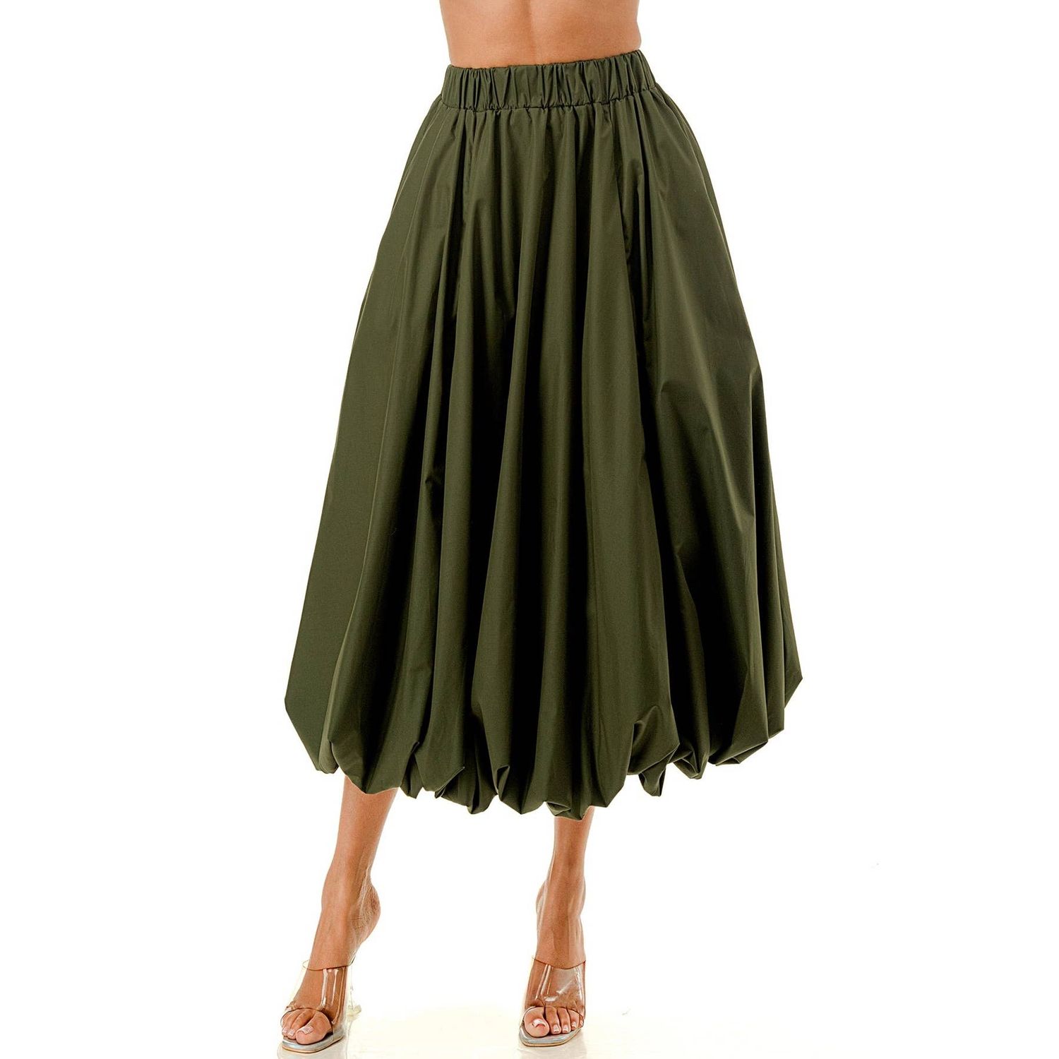 MIDI SKIRT BUBBLE ELASTIC WAIST, Color: OLIVE, Size: 1X