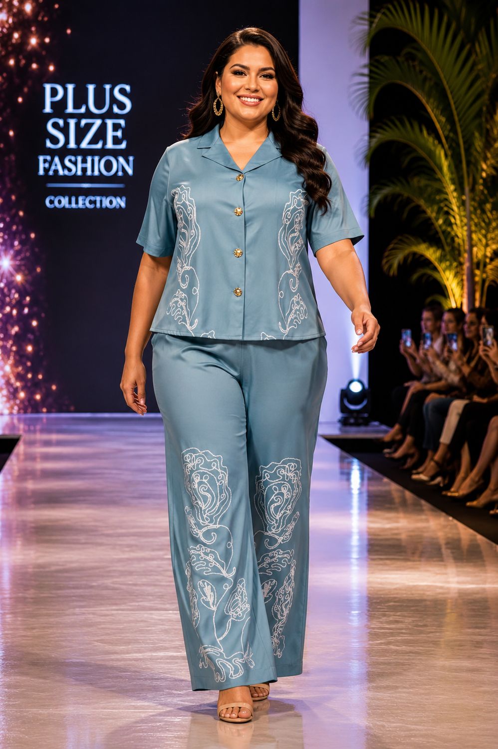 STUNNING BLUE PRINTED PANTS SET, Color: Blue, Fit: Plus Size, Size: 3X