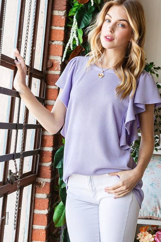 SHORT RUFFLED SLEEVE SOLID URBAN RIBBED TOP