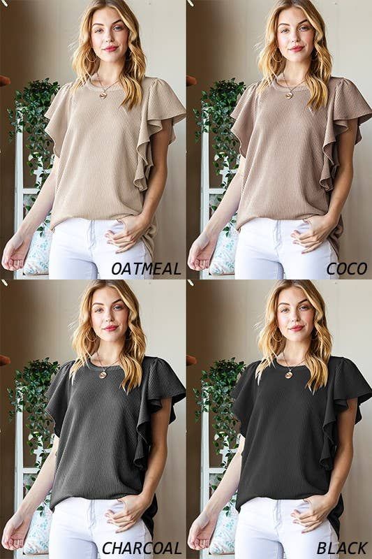 SHORT RUFFLED SLEEVE SOLID URBAN RIBBED TOP, Color: OATMEAL, Size: 1X