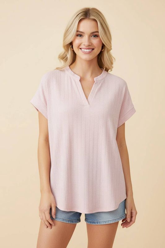 V-neckline with short, slightly extended sleeves