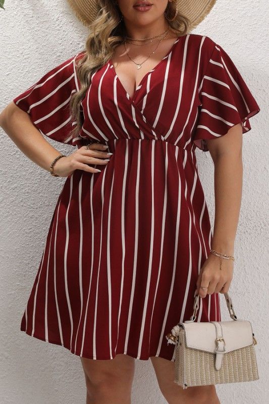 Striped V Neck Boho Casual Short Sleeve Dress, Color: WINE, Size: L