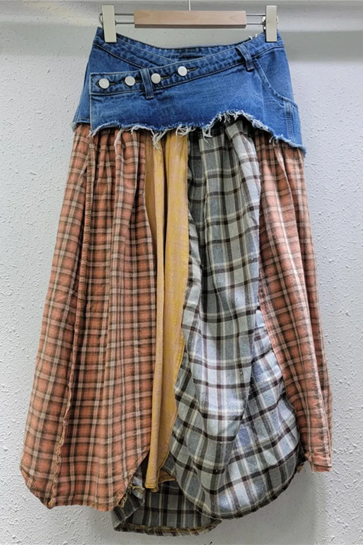 Plaid Patchwork Asymmetrical Midi Skirt, Size: XL