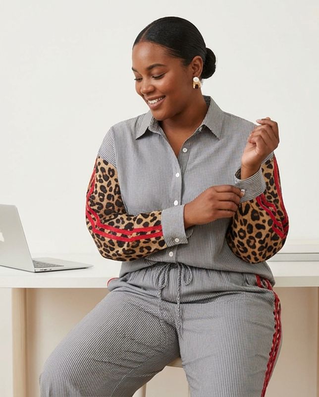Stripe Button Down Shirt w/ Leopard Detail Sleeves