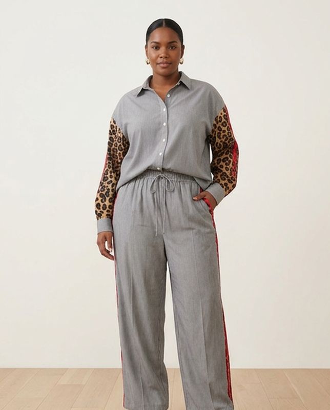 Stripe Button Down Shirt w/ Leopard Detail Sleeves