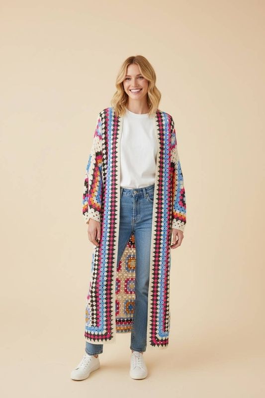 HJ90090 Granny Square Crochet Open Front Maxi Cardigan