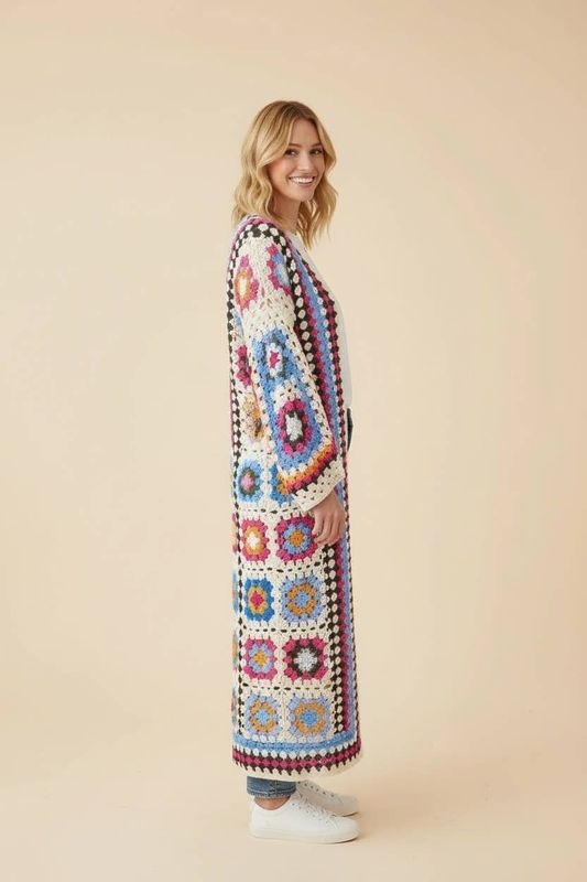 HJ90090 Granny Square Crochet Open Front Maxi Cardigan