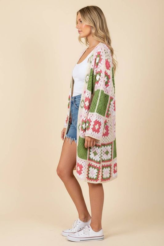 HJ90073 Granny Square Crochet Open-Front Long Cardigan
