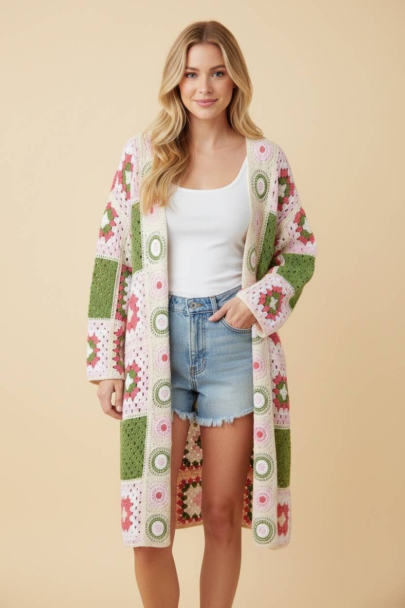 HJ90073 Granny Square Crochet Open-Front Long Cardigan, Color: IVORY/PINK/GREEN, Size: One Size