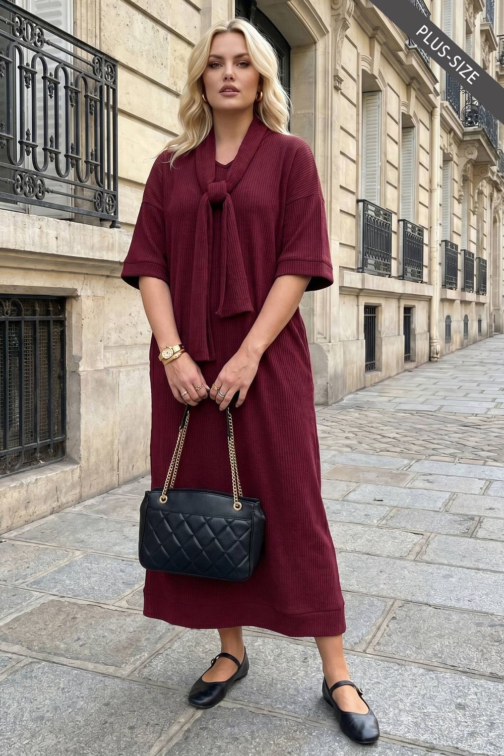 Relaxed Fit Ribbed Maxi Dress, Color: Wine, Size: XL