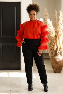 Red Sheer Top with  Puffy Detail Sleeve