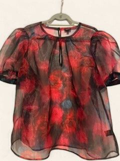 Red Sheer Top with Organza Puff Sleeve