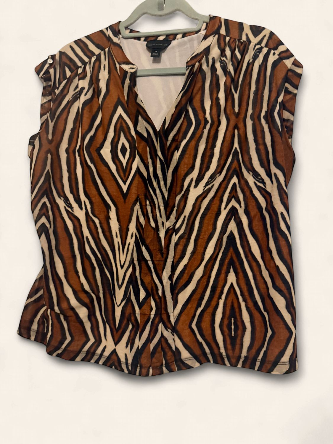 Sleeveless Worthington Blouse with Bold Brown and  Black Geometric Animal Print