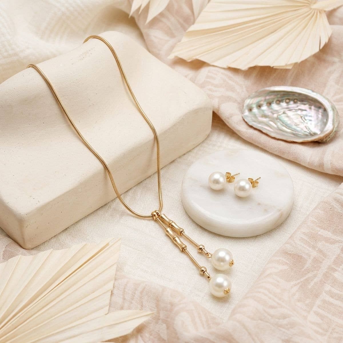 Gold Snake Chain Bamboo Pearl Lariat Necklace Set, Color: Cream, Plating: Gold, Size: 26 inches