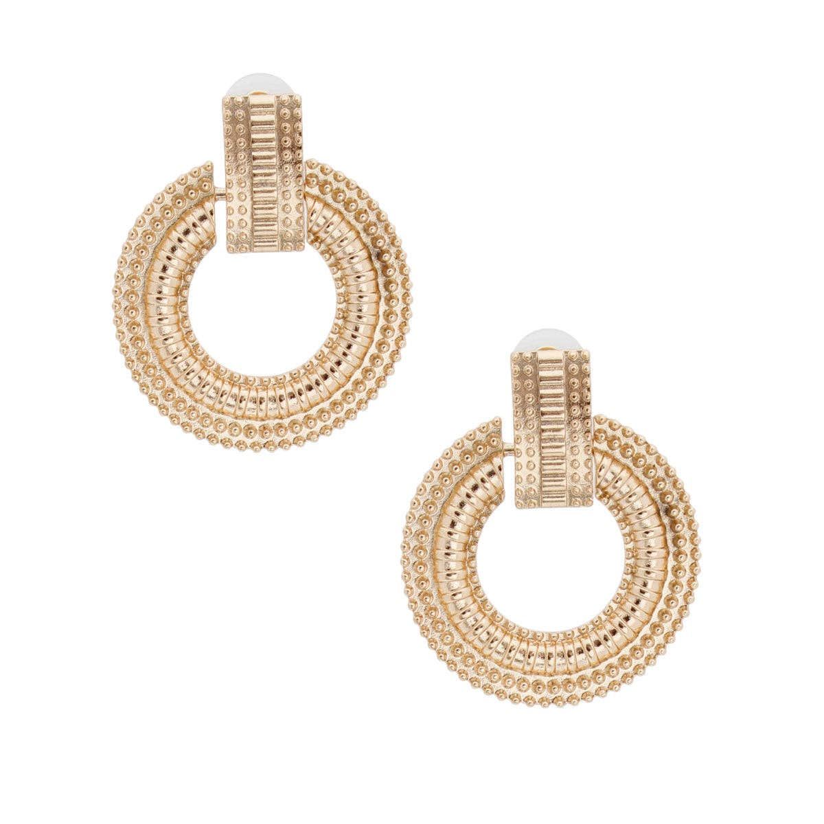 Gold Patterned Metal Circle Studs, Color: Gold, Plating: Gold, Size: 1.85 inches