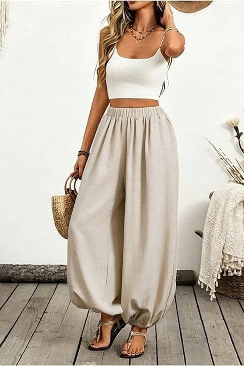 HIGH-WAISTED POCKET COMFORTABLE LANTERN PANTS, Color: APRICOT, Size: (S) 1