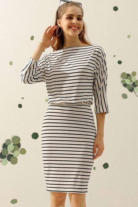 BOAT NECK LONG SLEEVE DRAWSTRING KNEE MIDI DRESS
