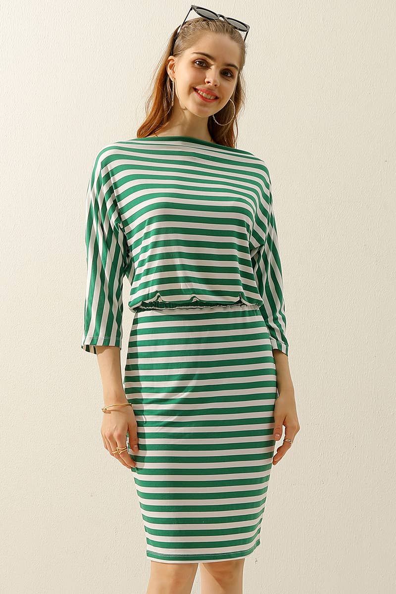 BOAT NECK LONG SLEEVE DRAWSTRING KNEE MIDI DRESS, Color: OFFWHITEGREEN, Size: (XL) 1