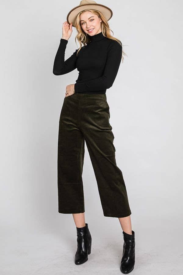 CORDUROY CROP WIDE LEG PANTS, Color: Olive, Size: 2X