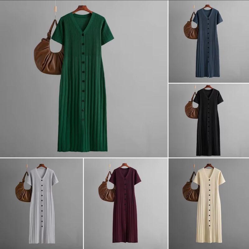 Single Breasted V- Neck Short Sleeve Slim Maxi Dress