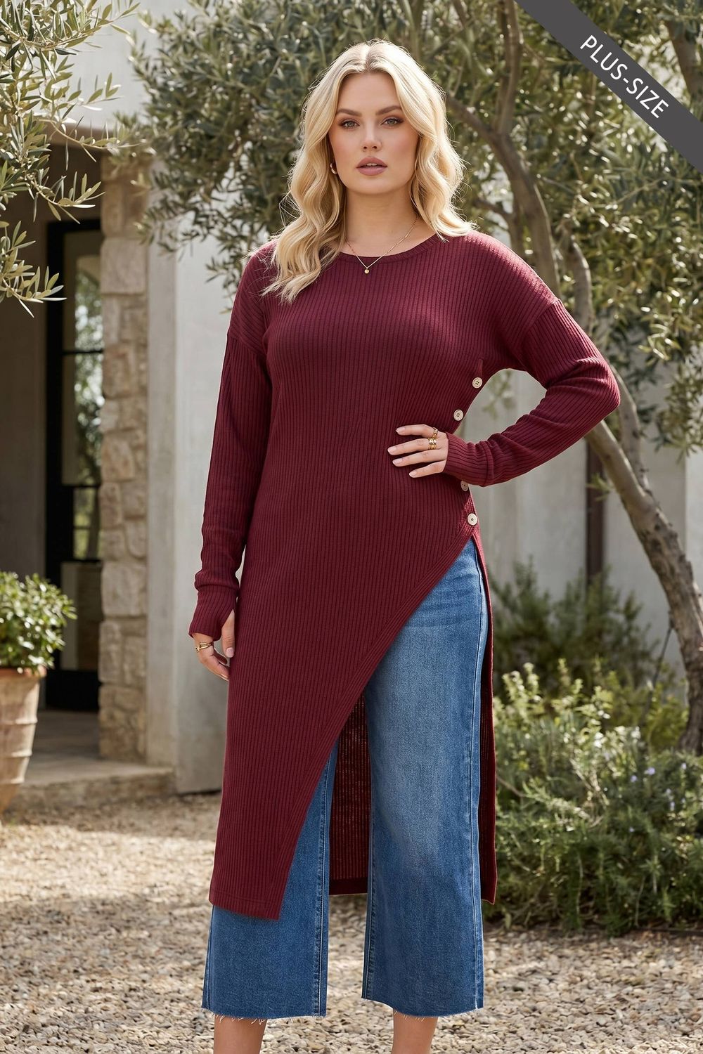 Side Slit Longline Tunic w/ Buttons TRV-POSHP, Color: WINE, Size: XL