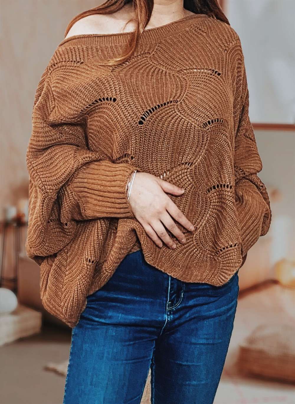 Hollow out batwing sleeve knit sweater, Color: KAHKI, Size: S