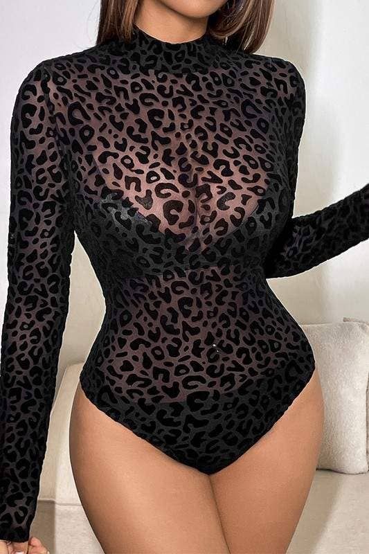 Chic Leopard Mesh Long-Sleeve Bodysuit, Color: BLACK, Size: S