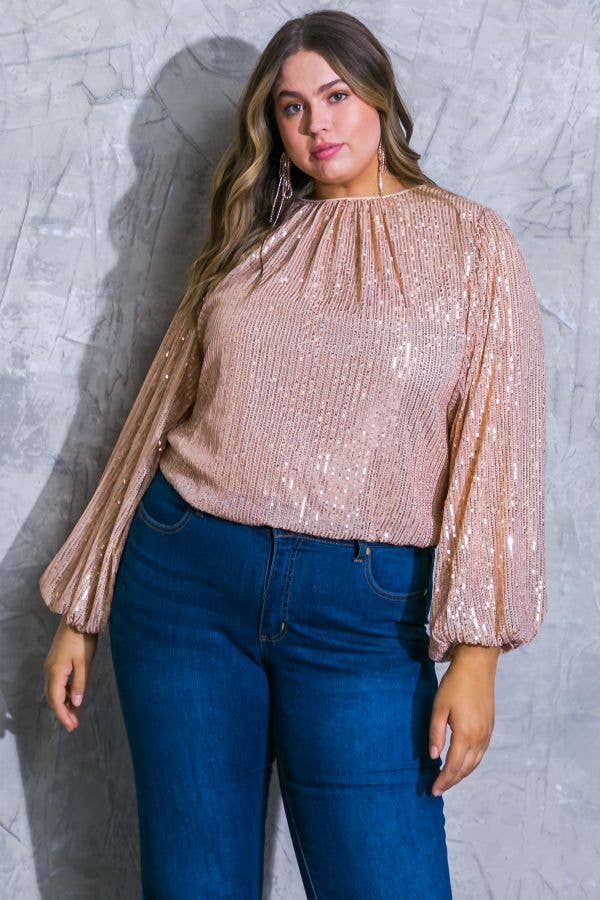 Sequin Top, Color: Rose Gold, Fit: Plus Size, Size: 1X