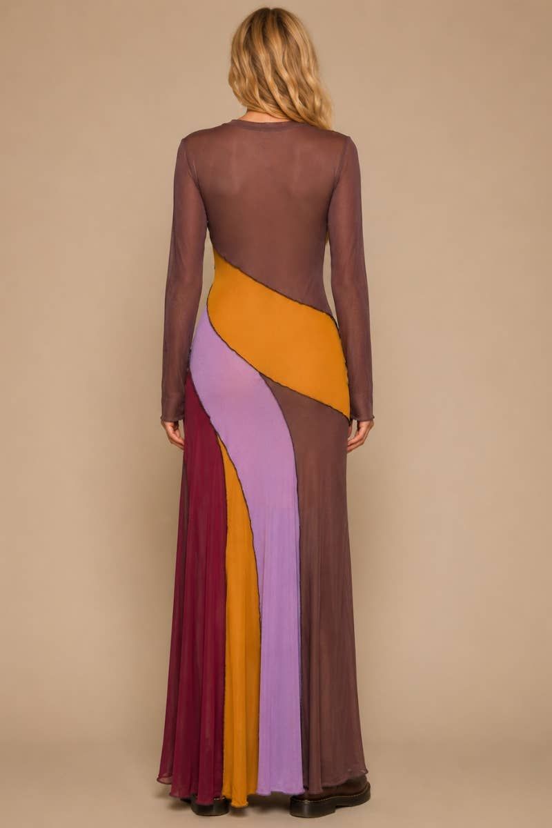 The Sunset Mesh Patchwork Maxi Dress, Color: BROWN MULTI, Size: 3X