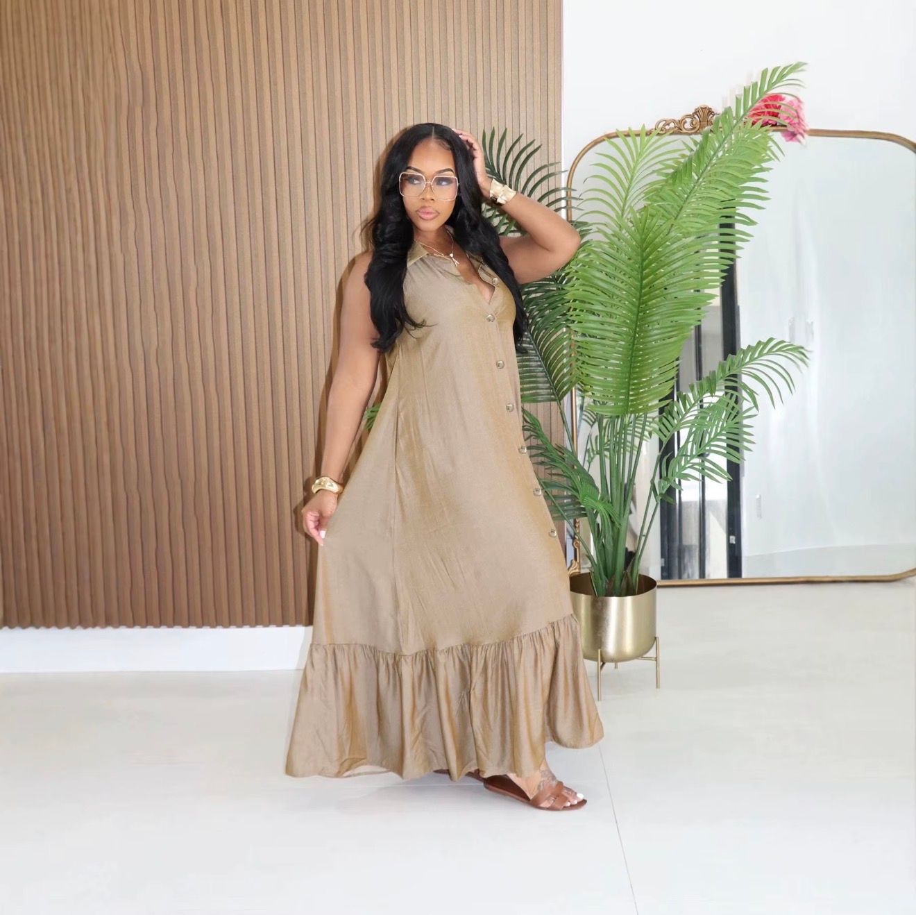 Collared Gold Button Down Flowy Dress, Color: Green Large