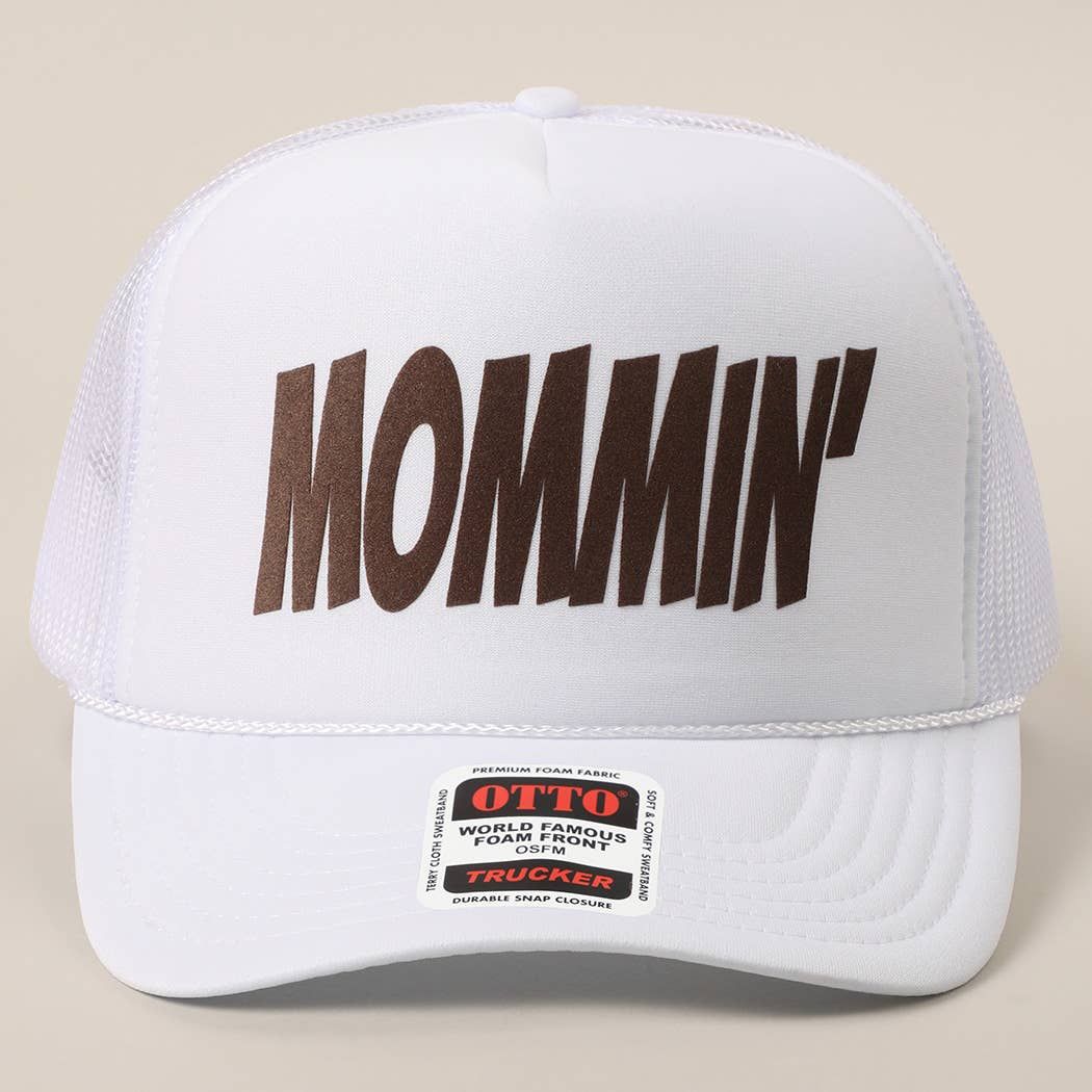 MOMMIN' Text Logo Printed Mesh Back Trucker Hat MOMMIN' Text Logo Printed Mesh Back Trucker Hat, Color: White, Size: ONE SIZE