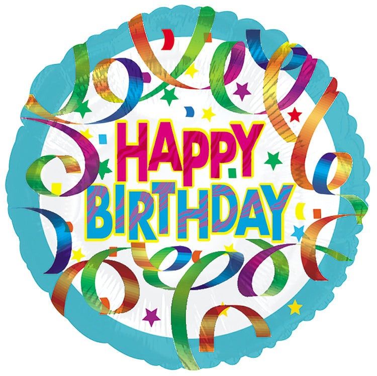 18" Happy Birthday Blue Swirled Ribbon Foil