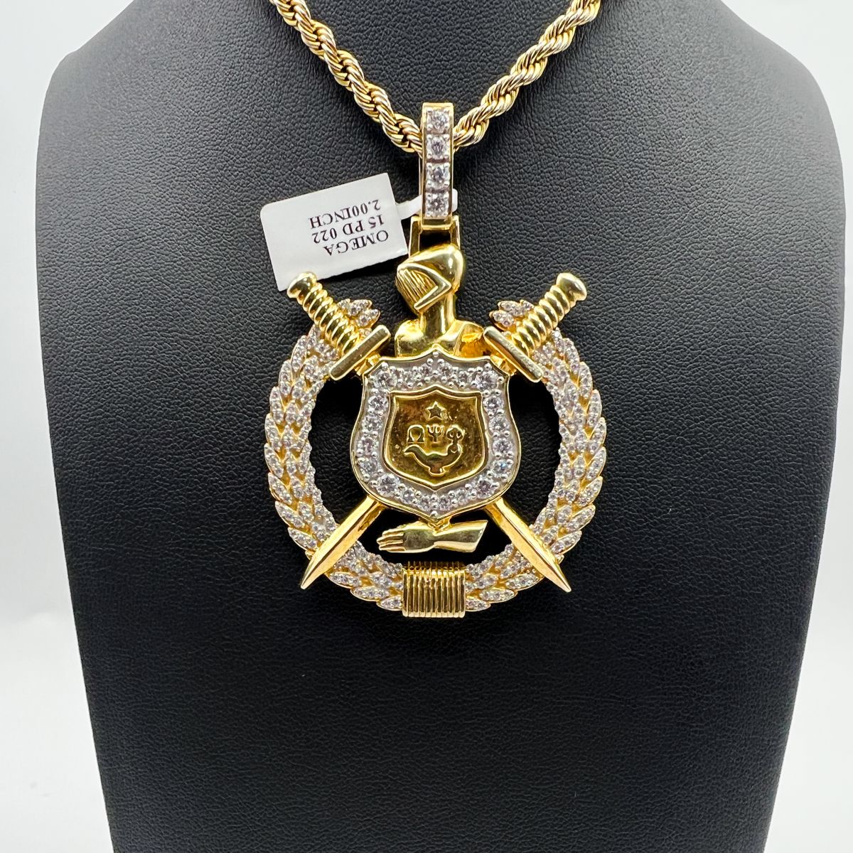 Omega Shield w/ Stones in Wreath Pendant - Large Omega Shield w/ Stones in Wreath Pendant - Large